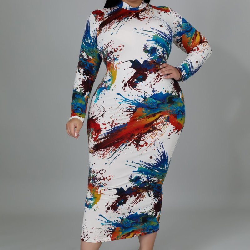 Plus Size Women Tie Dye Print Half Zipper Long Sleeve Maxi Dress