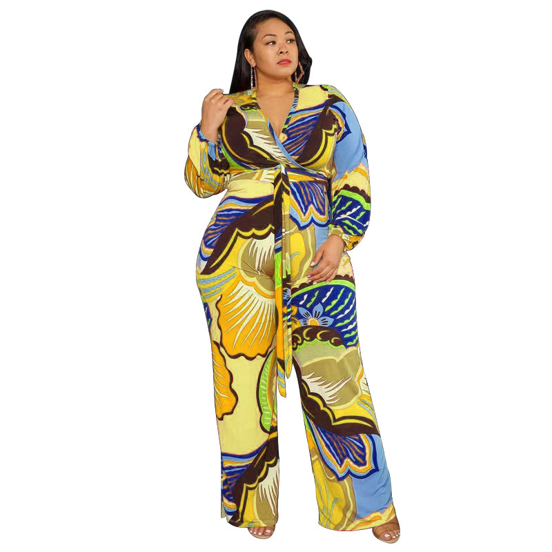 Plus Size Women V-Neck Printed Long-Sleeved Fashion Wide-Leg Jumpsuit