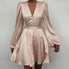 Women V-Neck Slim Long Lantern Sleeve Short Dress