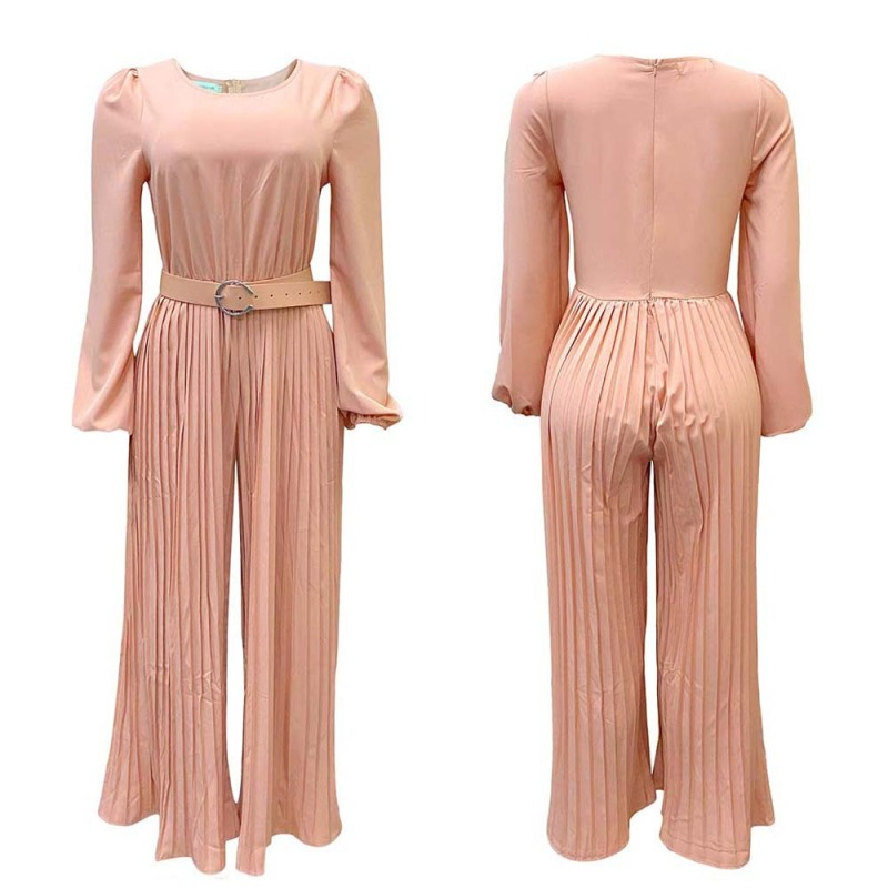 Women Solid Color Long-Sleeved Round Neck Waist Pleated Wide-Leg Jumpsuit