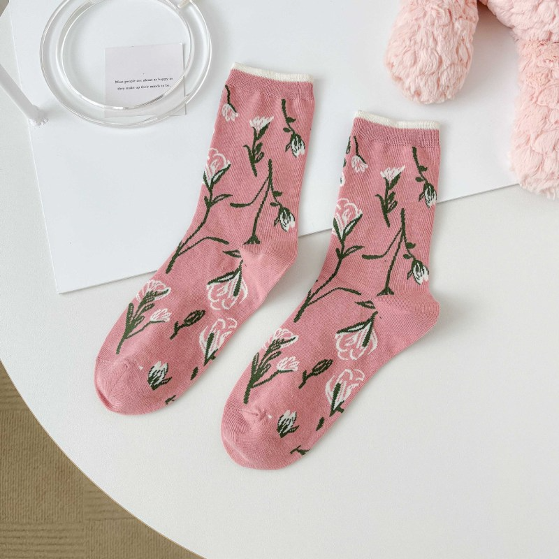 Women Fashion Tiny Flower-Dimensional Embossed Pattern Embroidery Socks 10 Pairs/Pack