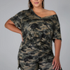 Women Plus Size Summer Printing Loose Casual Camouflage Shorts Two Piece Sets