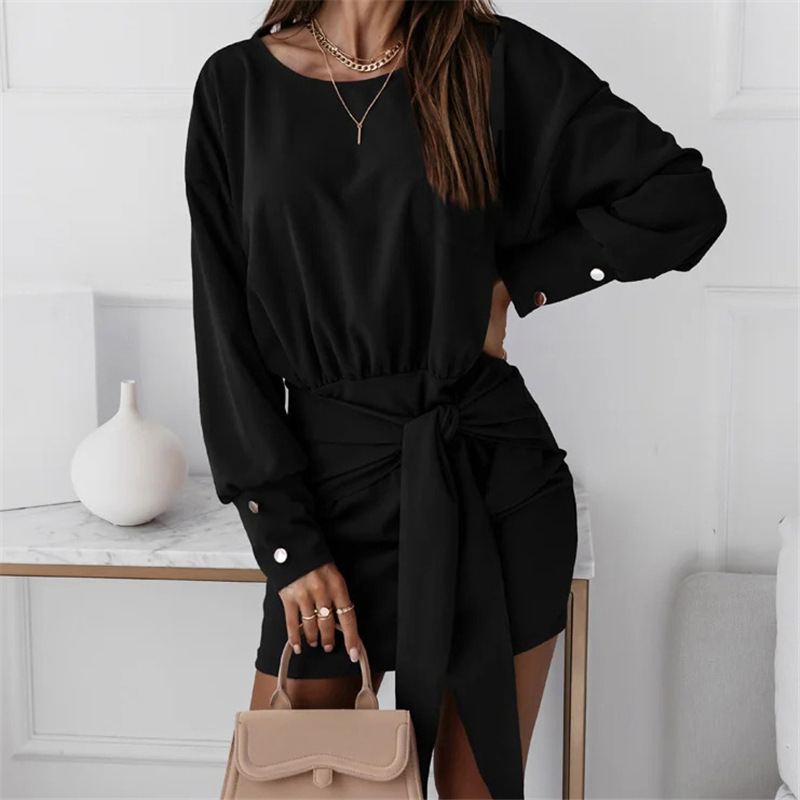 Women Elegant Casual Solid Color Long-Sleeved Round Neck Knotted Dress