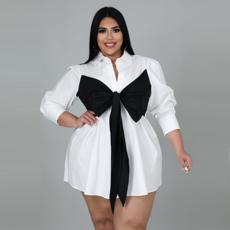 Plus Size Women Contrast Lace-Up Bow Neck Waist Lapel Long Sleeve Blouse Dress