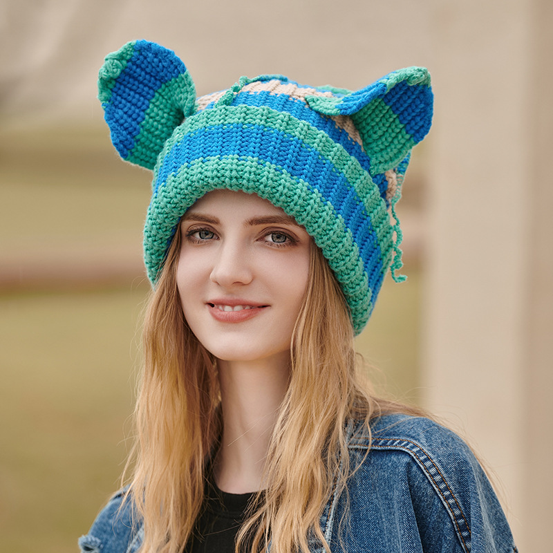 Women Cute Cat Ears Colorblock Knitted Beanie Hat