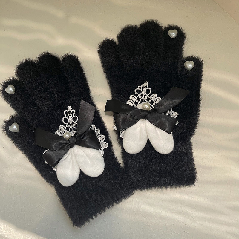 Women Winter Rabbit Ear Bow Fleece Gloves