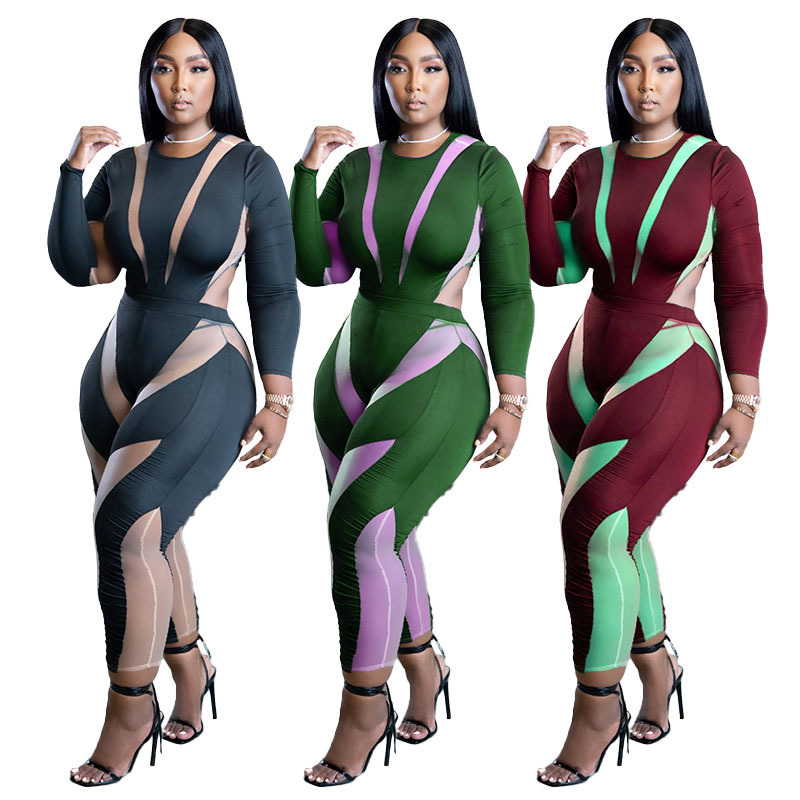 Plus Size Women Mesh Panel Round Neck Long Sleeve High Waist Slim Jumpsuit