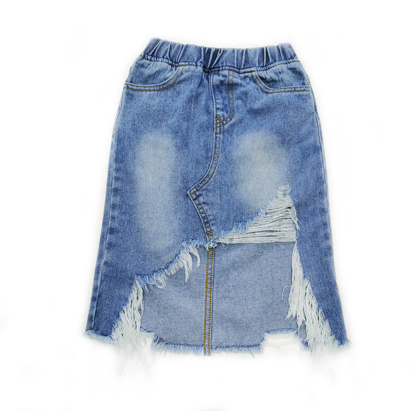 Kids Girls Personalized Irregular Tear Design Elastic Denim Skirt