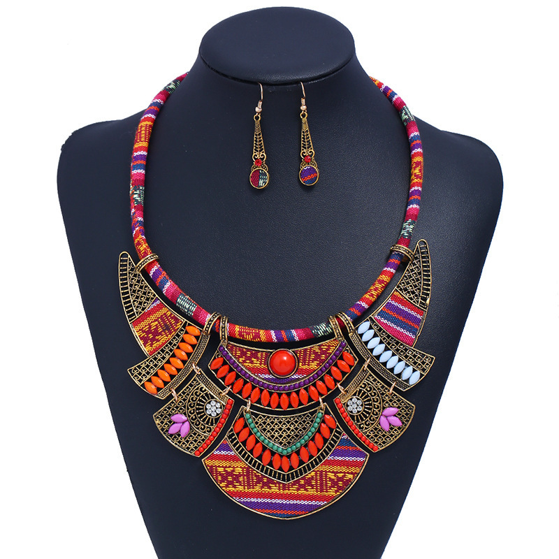 Women Fashion Exaggerated Retro Ethnic Tribal Resin Bead Earrings + Necklace 2-Piece Set