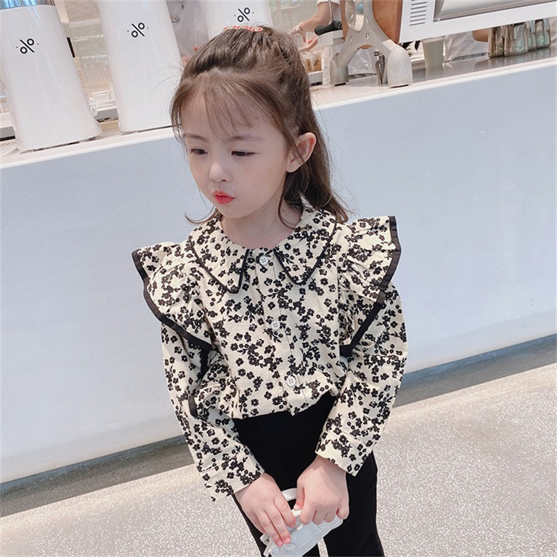 Kids Girls Sweet Floral All Over Print Lapel Long Sleeve Ruffled Blouse