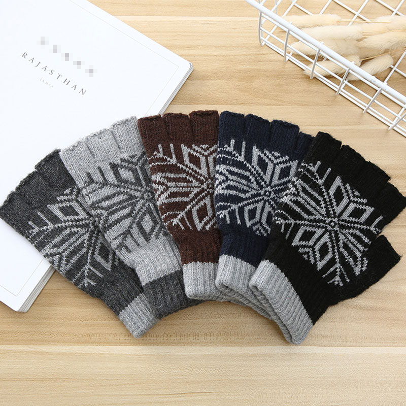 Men Winter Snowflake Pattern Warm Fingerless Knit Gloves