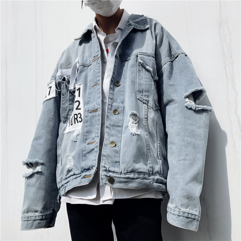 Men Casual Lapel Long Sleeve Single Breasted Ripped Denim Jacket