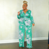 Plus Size Women Printed V-Neck Long-Sleeved Waist Fashion Wide-Leg Jumpsuit