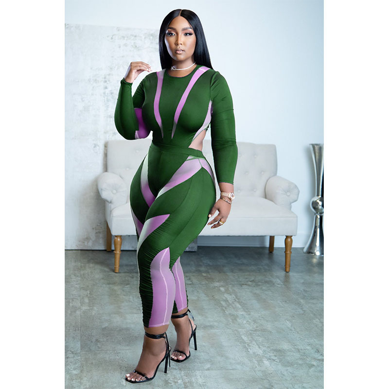 Plus Size Women Mesh Panel Round Neck Long Sleeve High Waist Slim Jumpsuit