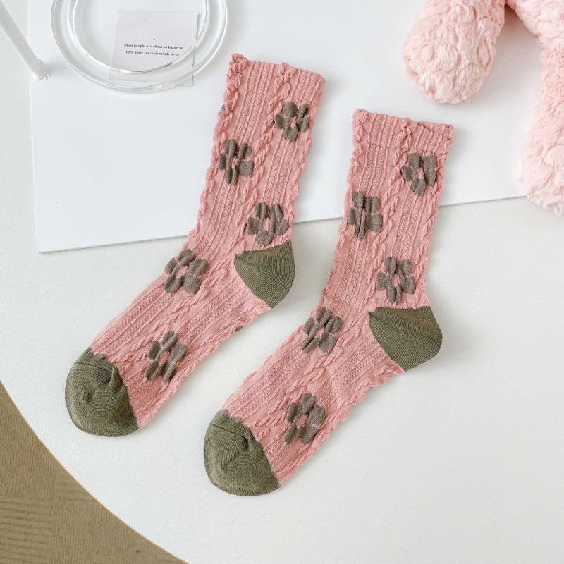 Women Fashion Tiny Flower-Dimensional Embossed Pattern Embroidery Socks 10 Pairs/Pack