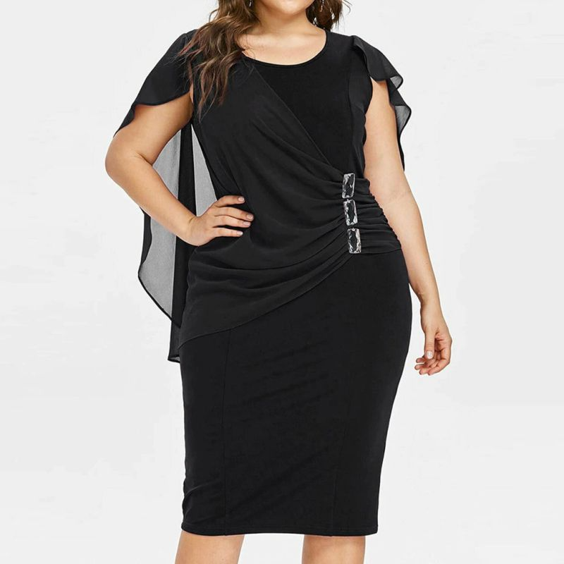 Plus Size Women Round Collar Crease Slim Dress