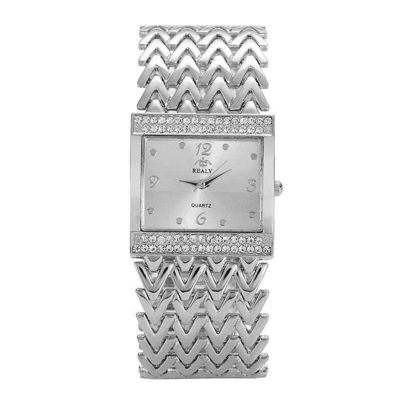 Women Fashion Square Diamond Number Alloy Bracelet Quartz Watch