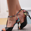 Women Fashion Hollow Peep Toe Word Buckle Fashion Floral Stiletto High-Heeled Sandals