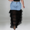 Plus Size Women Denim Layered Mesh Patchwork Skirt Halter Top Set