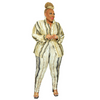 Plus Size Women Printed Satin Lapel Long Sleeve Button Top And Pants Casual Two-Piece Set