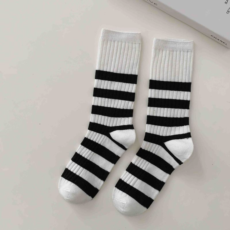 Unisex Fashion Black White Stripe Double Needle Mid Tube Cotton Socks 10 Pairs/Pack