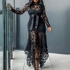 Women Fashion Elegant Lace Hollow Long Sleeve Irregular Hemline Solid Color Midi Dress