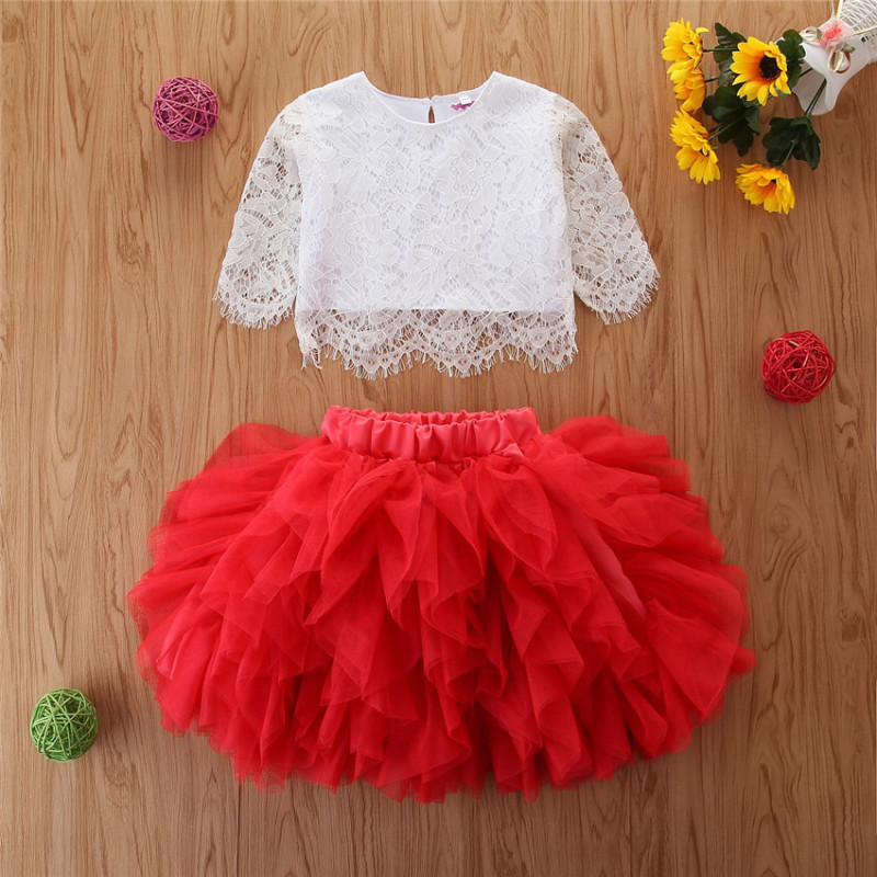 Children Kids Baby Fashion Girls Lace Mesh Top And Tutu Skirt 2pcs Set