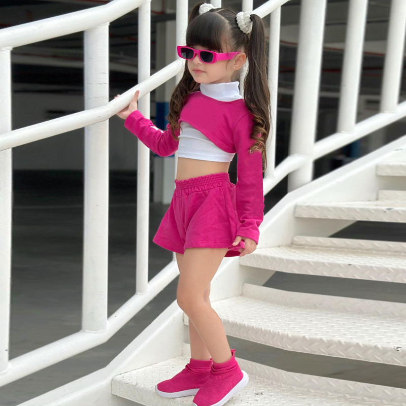 Children Kids Baby Fashion Girls Long Sleeve Solid Color Top And Shorts 3pcs Set