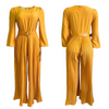 Women Solid Color Long-Sleeved Round Neck Waist Pleated Wide-Leg Jumpsuit