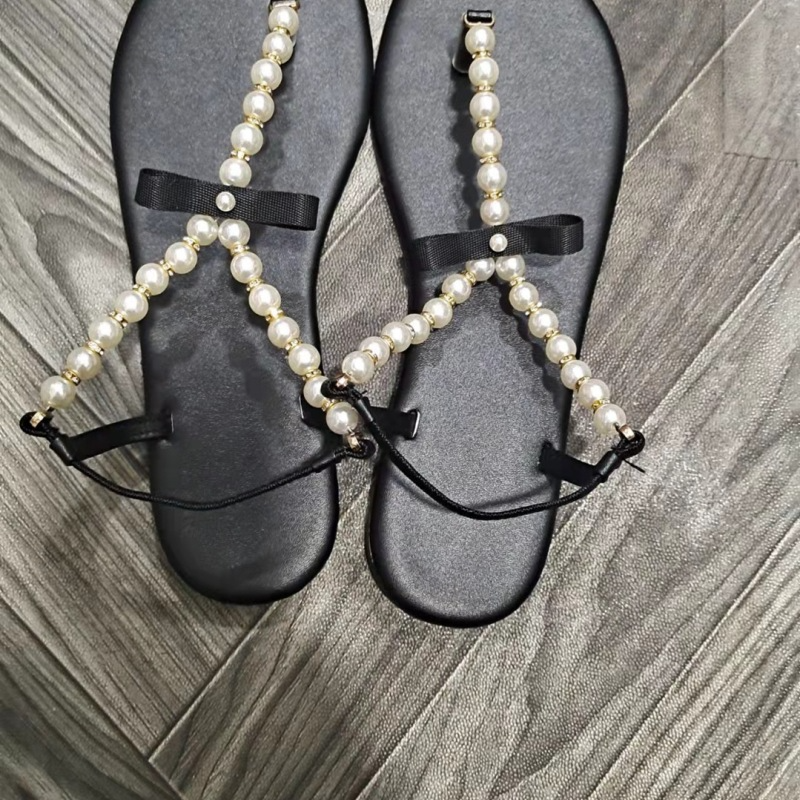 Plus Size Women Fashion Flat Thong Thong Bowknot Pearl Beaded Flat Sandals