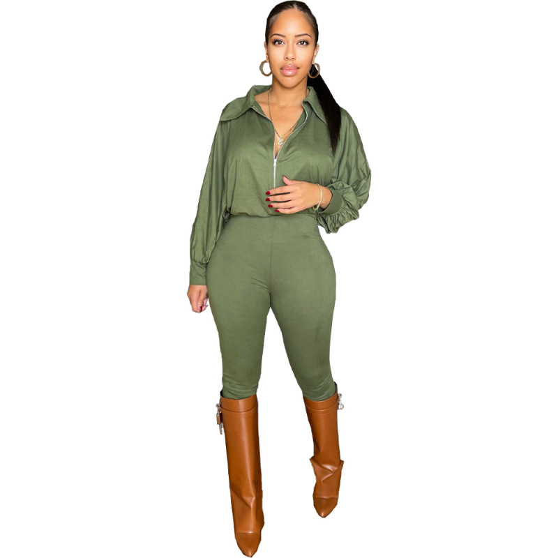 Women Solid Color Zipper Long Sleeve Loose Top And High Waist Slim Pants Fashion Two-Piece Set