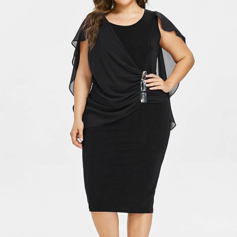 Plus Size Women Round Collar Crease Slim Dress