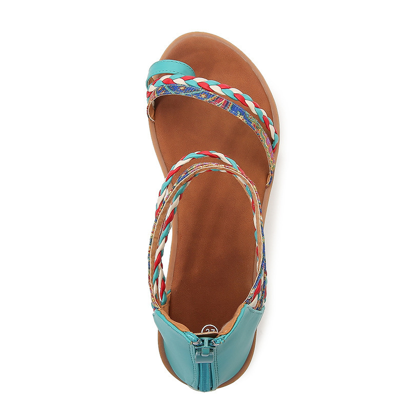 Plus Size Women Fashion Bohemian Ethnic Style Colorful Stitching Flat Back Zipper Sandals