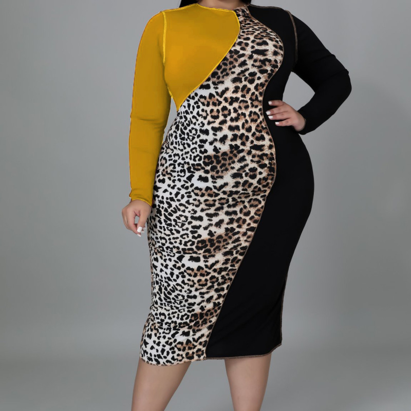 Plus Size Women'S Leopard Print Color Blocking Long Sleeve Midi Dress