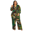 Plus Size Women V-Neck Printed Long-Sleeved Fashion Wide-Leg Jumpsuit