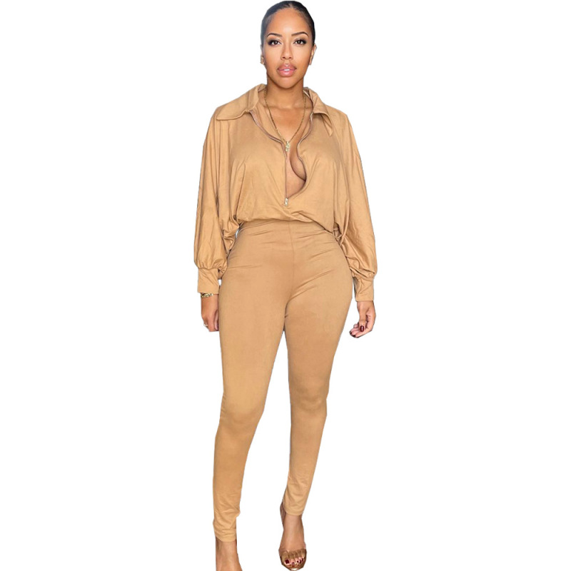 Women Solid Color Zipper Long Sleeve Loose Top And High Waist Slim Pants Fashion Two-Piece Set