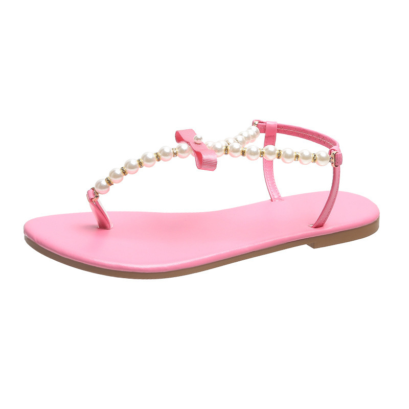 Plus Size Women Fashion Flat Thong Thong Bowknot Pearl Beaded Flat Sandals