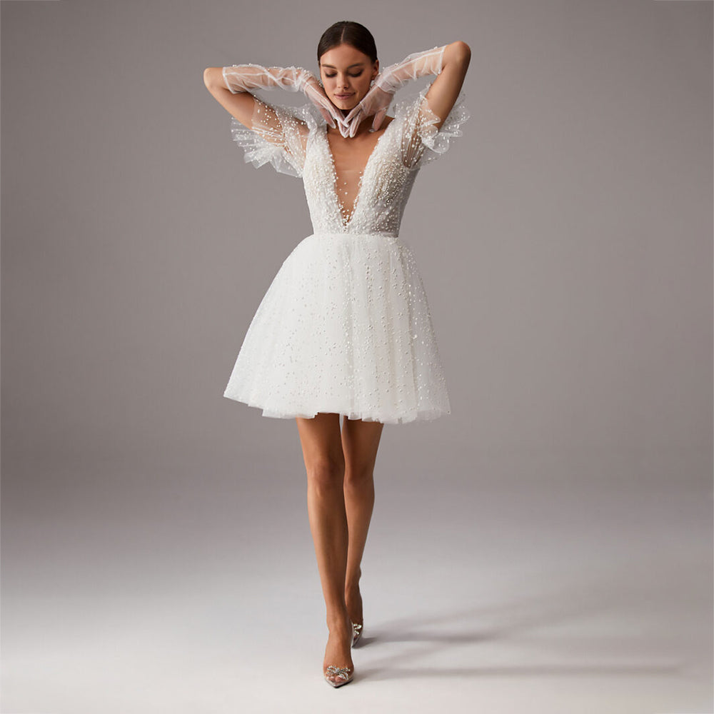 V-Neck Wedding Dress A-Line Short Sleeves Tulle