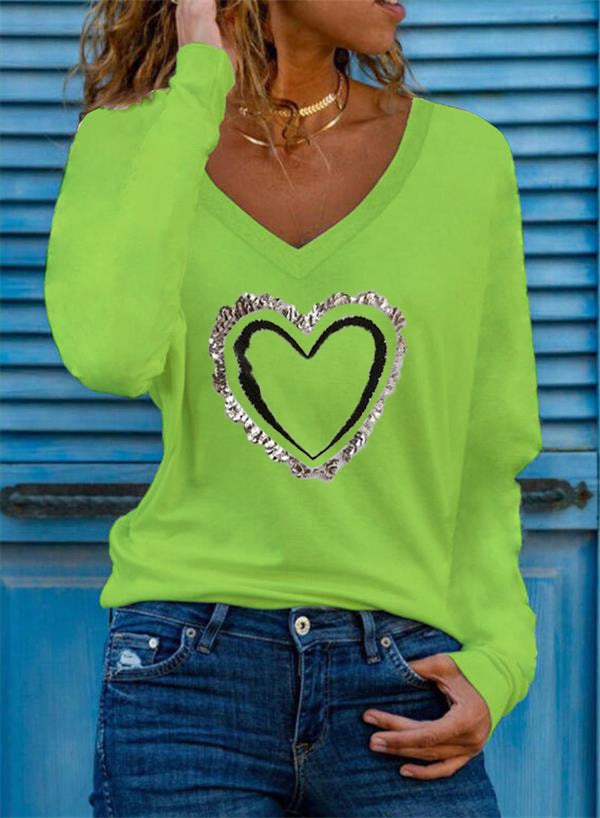 Heart Pattern Printing V-neck Long-sleeved All-match Female T-shirt Bottoming Shirt