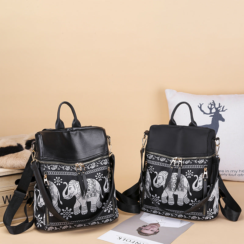 Multifunctional Ethnic Style Elephant Print Student One-shoulder Backpack