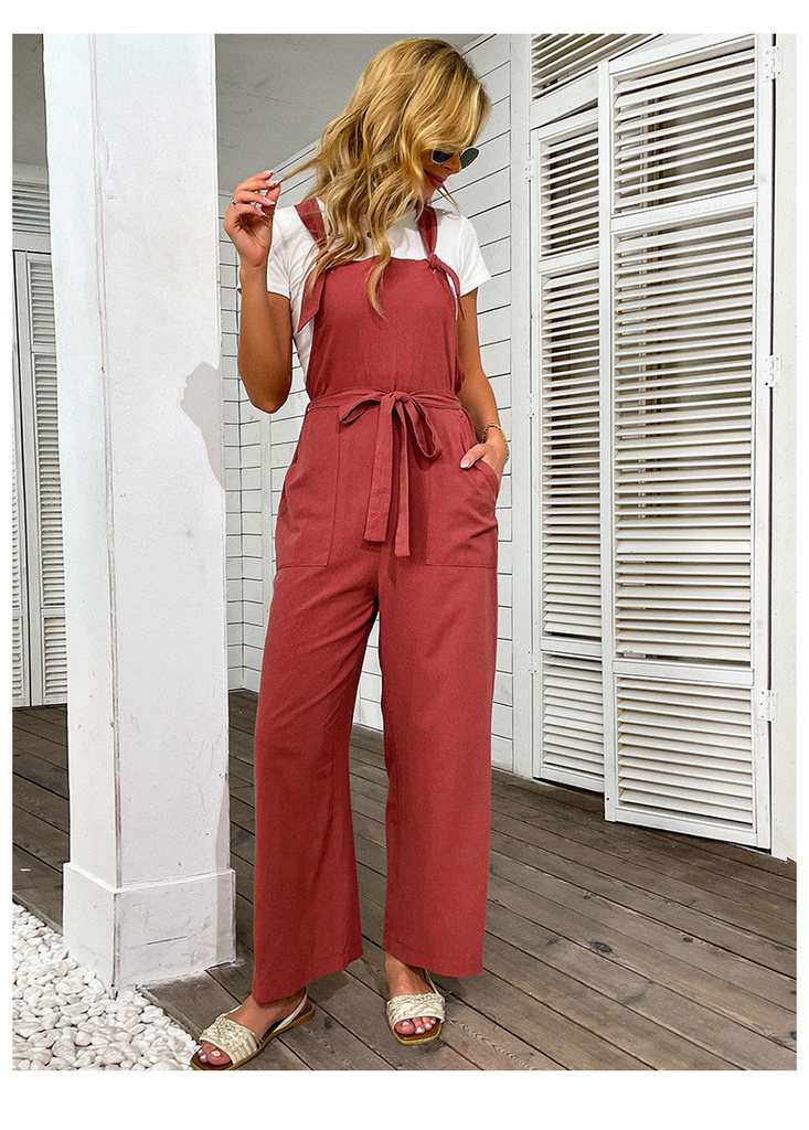 Wide Leg Red High Waist Cotton Linen Jumpsuit